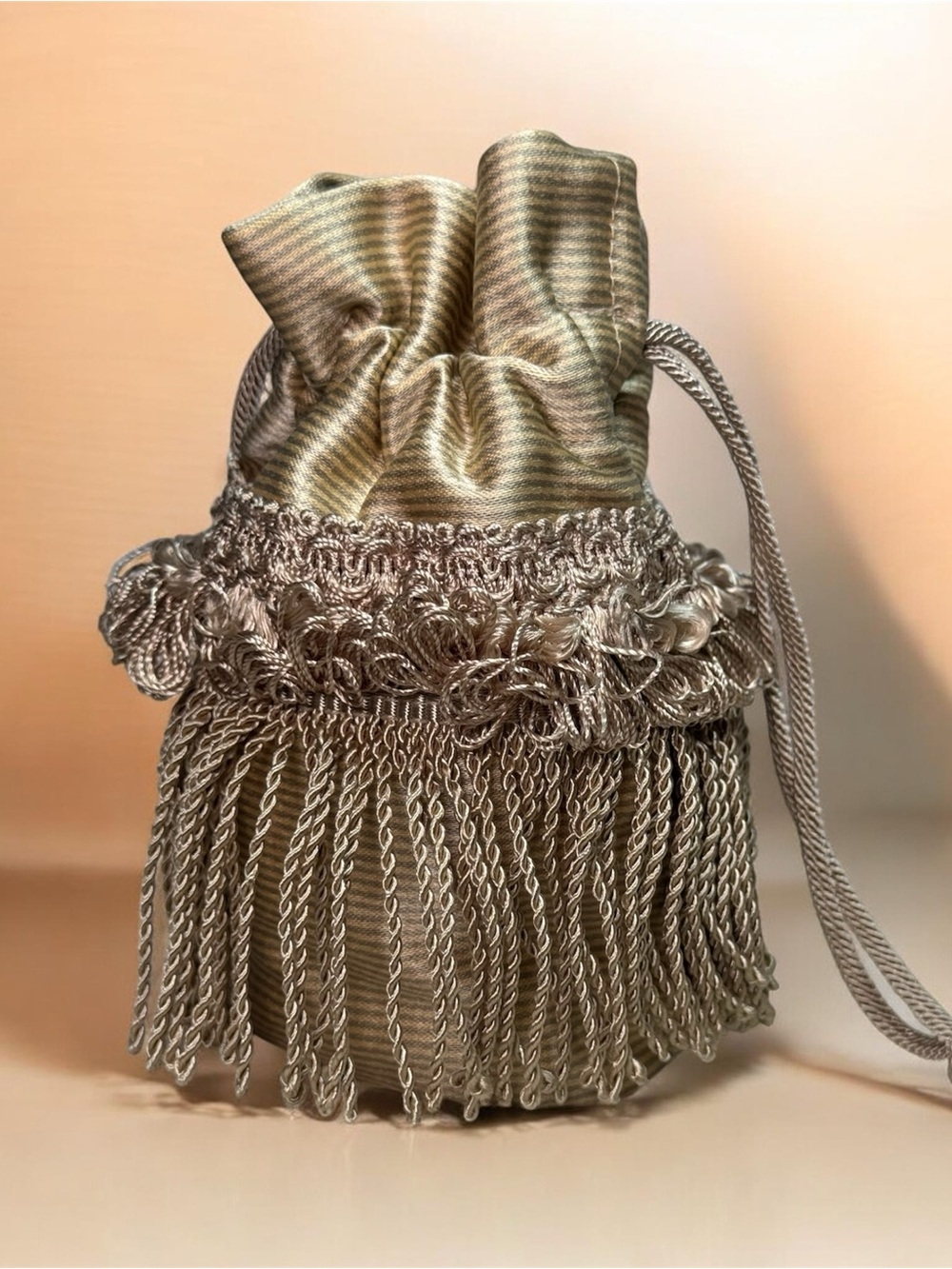 Gold Drawstring Fringe Evening Bag